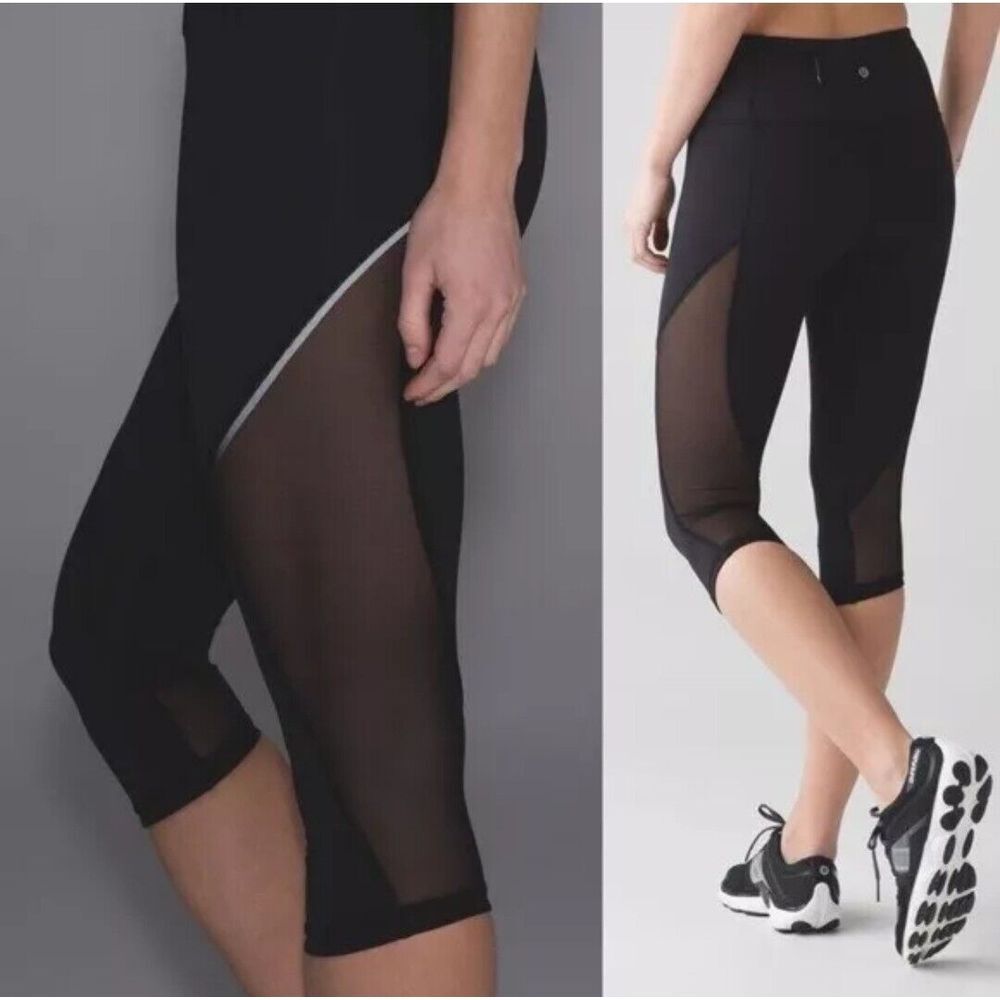 Lululemon Legging Size 4 Run With The Sun‎ Crop Black Mesh Reflective Detail Gym